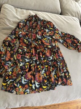 cinq a sept Black Floral-Paisley Tiered Mini Dress with Yellow & Red Accents